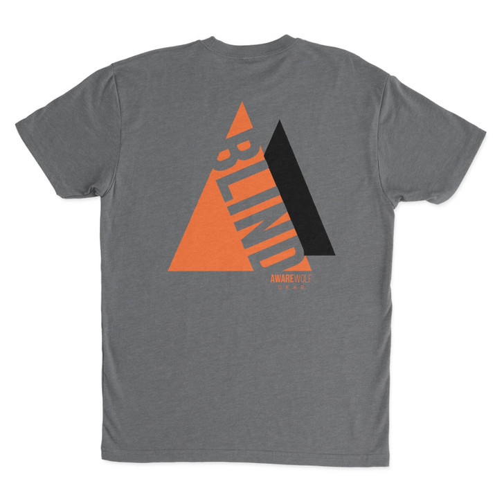 Awarewolf Gear On The Rocks Heather Gray t-shirt with orange and black printed graphics. Design features two mountains that are connected to each other with the word "BLIND" boldly incorporated into the mountain design and the Awarewolf Gear logo printed below the mountains on the right side.