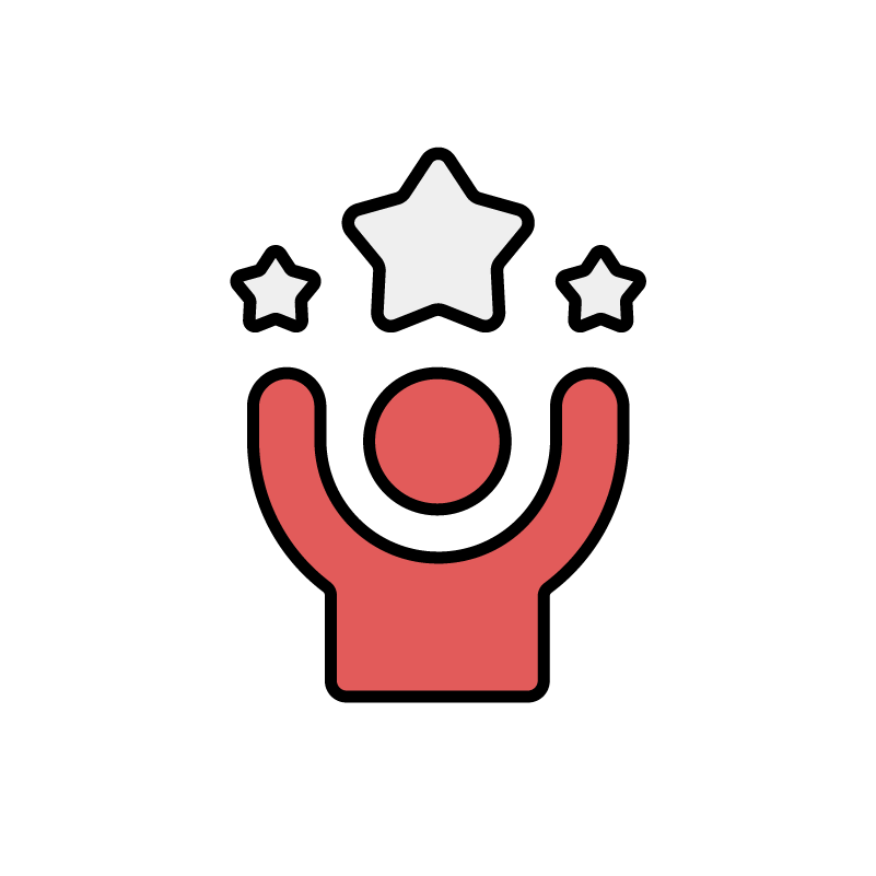 Confidence icon - person with hands in the air with stars above hand and head