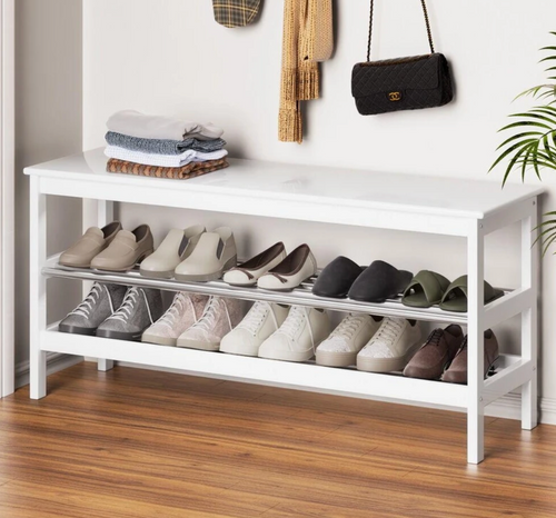 The Bamboo Alabaster white bamboo 10-pair entryway bench and shoe rack