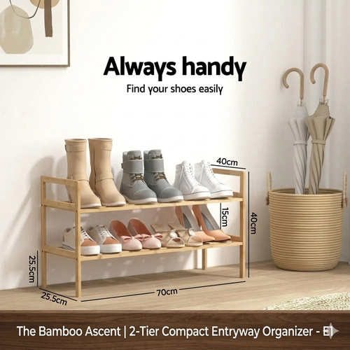 The Bamboo Ascent 2-tier bamboo entryway organizer for shoe storage