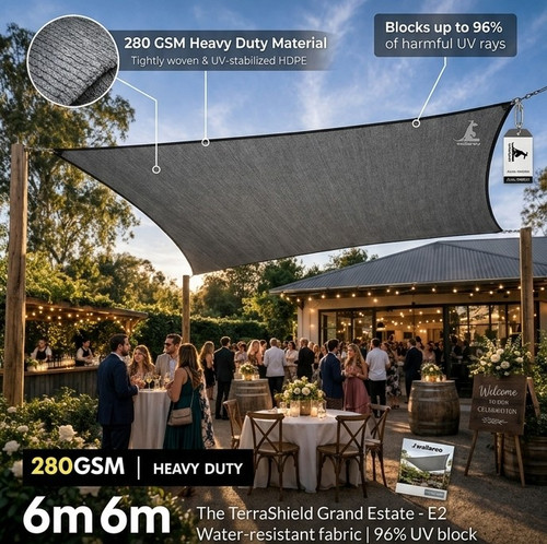 TerraShield Grand Estate E2 6m x 6m architectural grey UV sun shade canopy