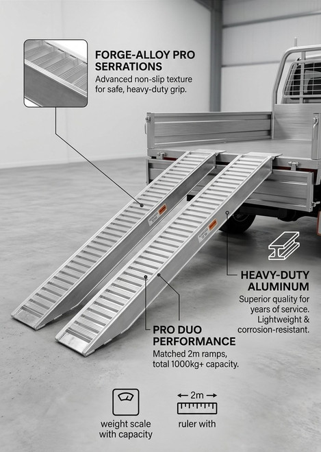 Forge-Alloy Pro Duo 6061 aluminium loading ramps with 3.3 tonne combined capacity