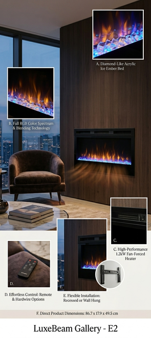 LuxeBeam Gallery E2 wall-mounted RGB electric fireplace with acrylic ice media bed