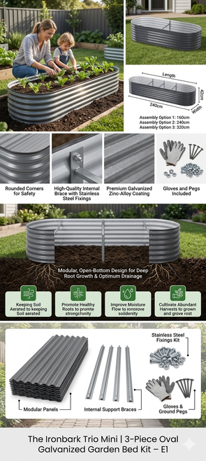 The Ironbark Trio Mini 3-piece oval galvanized steel garden bed kit