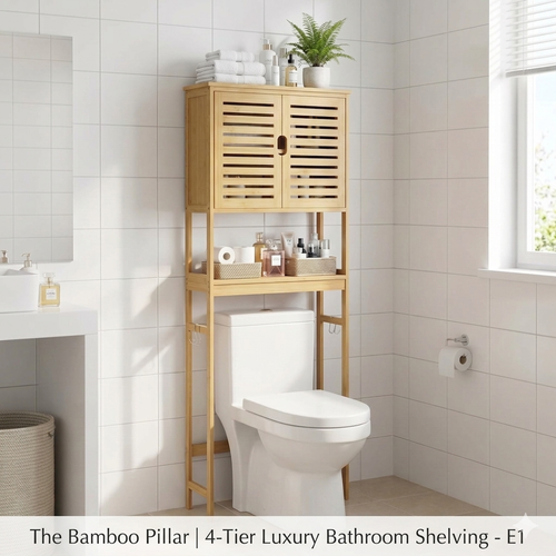 The Bamboo Pillar 4-tier bamboo bathroom shelving unit with ventilated doors and concealed storage
