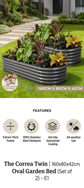 The Correa Twin set of 2 oval galvanised steel raised garden beds