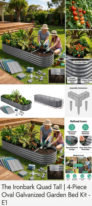 The Ironbark Quad Tall 4-piece oval galvanized steel garden bed kit