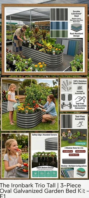 The Ironbark Trio Tall 3-piece oval galvanized steel garden bed kit