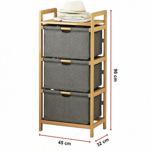 The Bamboo Trio 3-bag bamboo laundry sorter with removable fabric bags and top shelf