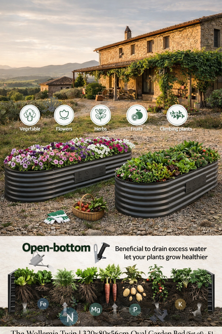 The Wollemia Twin set of 2 oval galvanised steel raised garden beds