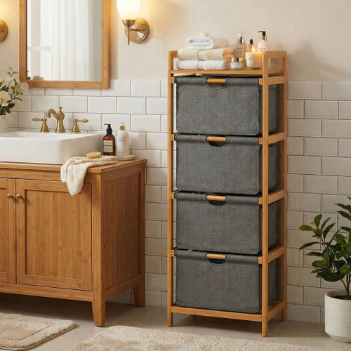 The Bamboo Quad E1 4-bag bamboo laundry sorting station with removable fabric bags and top shelf