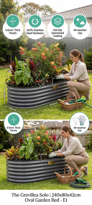 The Grevillea Solo E1 240x80x42cm oval galvanised steel raised garden bed