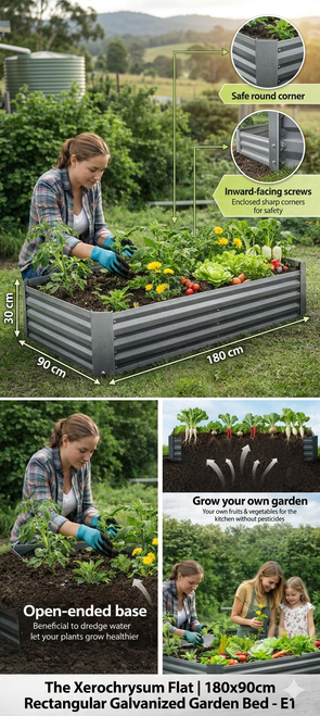 The Xerochrysum Flat E1 180x90cm rectangular galvanized garden bed in aluminium grey