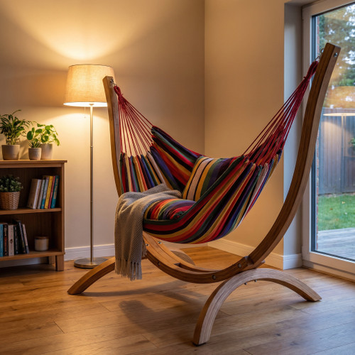 The Larchwood Oracle curved timber hammock chair with larch wood stand and multi-coloured fabric