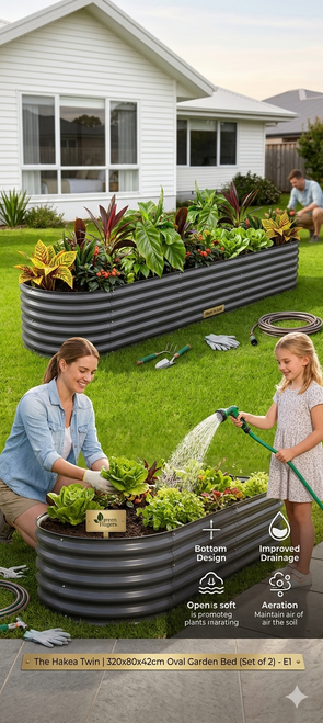 The Hakea Twin 320x80x42cm oval raised garden bed set of 2 in aluminium grey galvanised steel