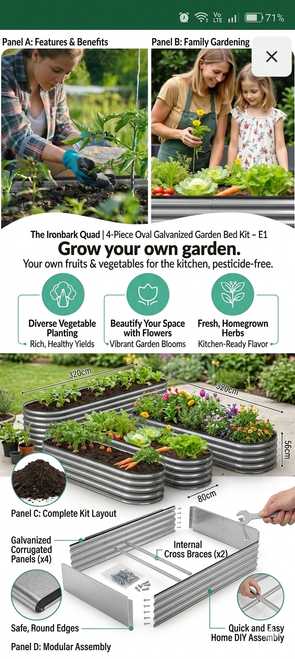 The Ironbark Quad 4-piece oval galvanized steel garden bed kit