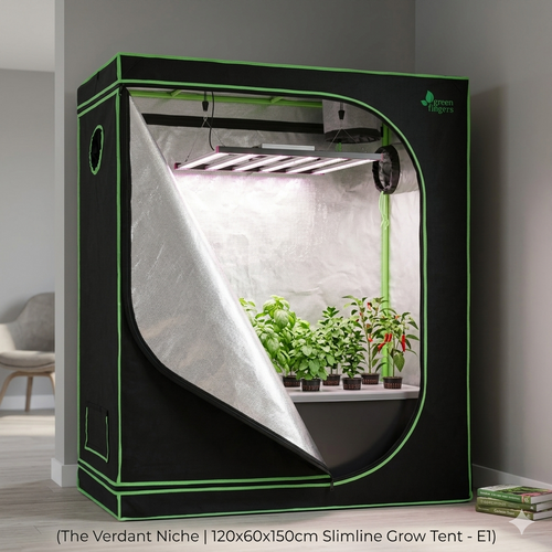 The Verdant Niche 120x60x150cm slimline indoor grow tent with steel frame and Mylar lining