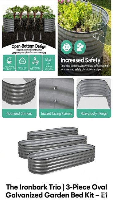 The Ironbark Trio 3-piece oval galvanized steel garden bed kit