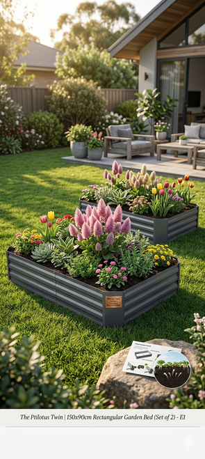 The Ptilotus Twin set of 2 rectangular galvanised steel garden beds