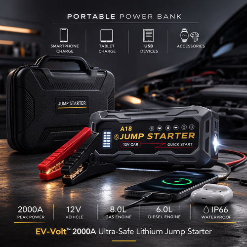 EV-Volt 2000A ultra-safe lithium jump starter with smart clamps and protective case