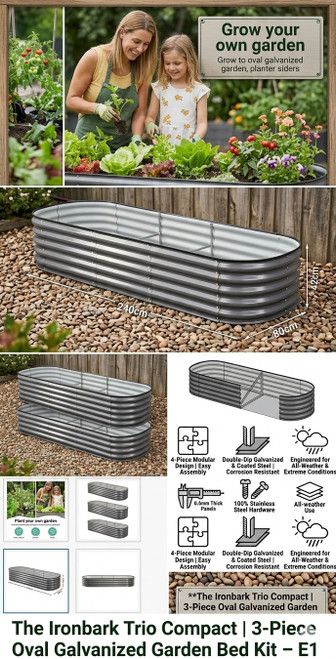 The Ironbark Trio Compact 3-piece oval galvanized steel garden bed kit