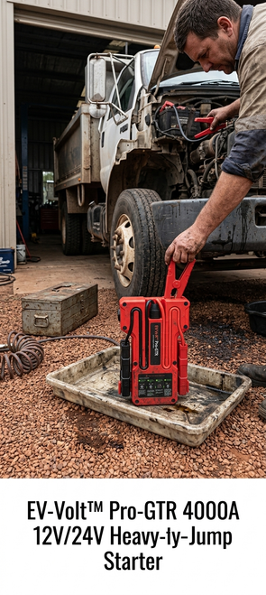 EV-Volt Pro-GTR 4000A 12V 24V heavy-duty lithium jump starter with jumper cables and carry case