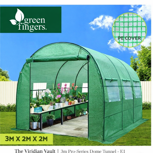 The Viridian Vault 3m pro-series dome tunnel greenhouse with powder-coated steel frame and PE mesh cover