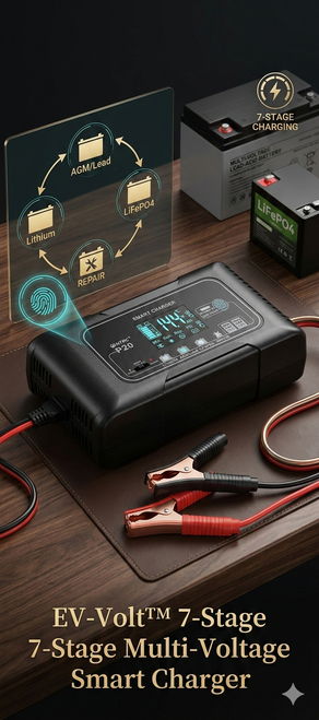 EV-Volt 7-Stage Multi-Voltage Smart Charger with LCD display and battery clips
