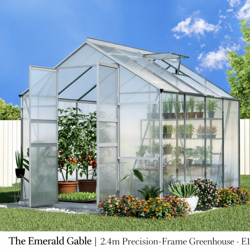 The Emerald Gable 2.4m precision-frame greenhouse with aluminum frame and polycarbonate panels