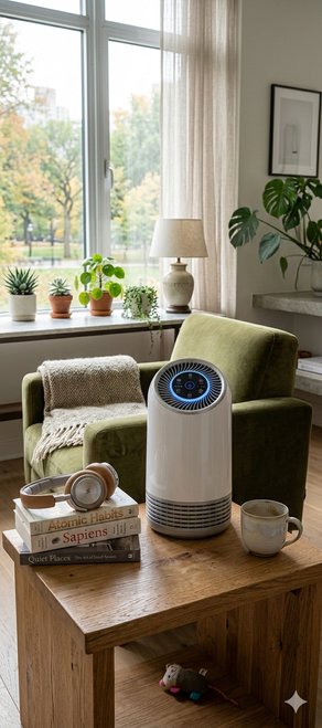AuraNova Pure E1 compact HEPA air purifier with 7-colour mood light and sleep mode