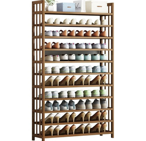 The Bamboo Pinnacle 8-tier bamboo corner shoe storage tower