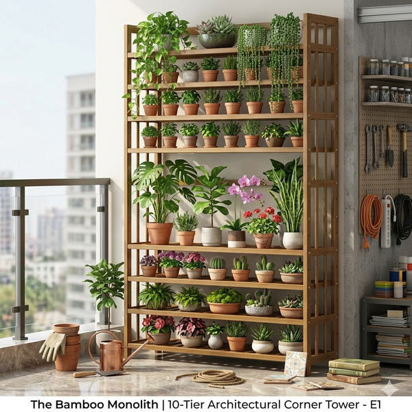 The Bamboo Monolith 10-tier bamboo corner shoe storage tower