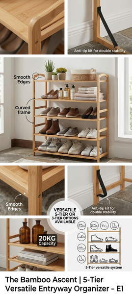 The Bamboo Ascent 5-tier bamboo entryway organizer for shoe storage