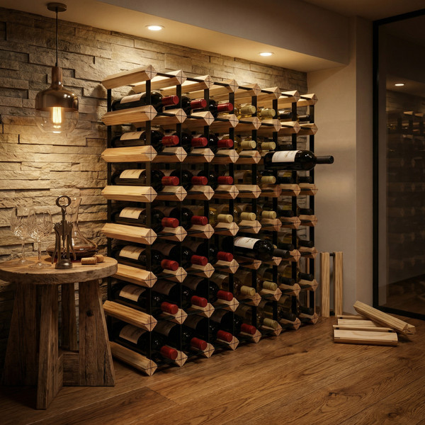 The Vintner’s Grid 72-bottle grand timber wine cellar with pine wood and black steel frame