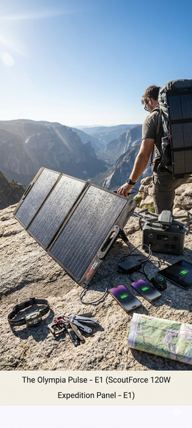 The Olympia Pulse E1 120W rapid-charge foldable solar panel with USB-C USB-A and DC output