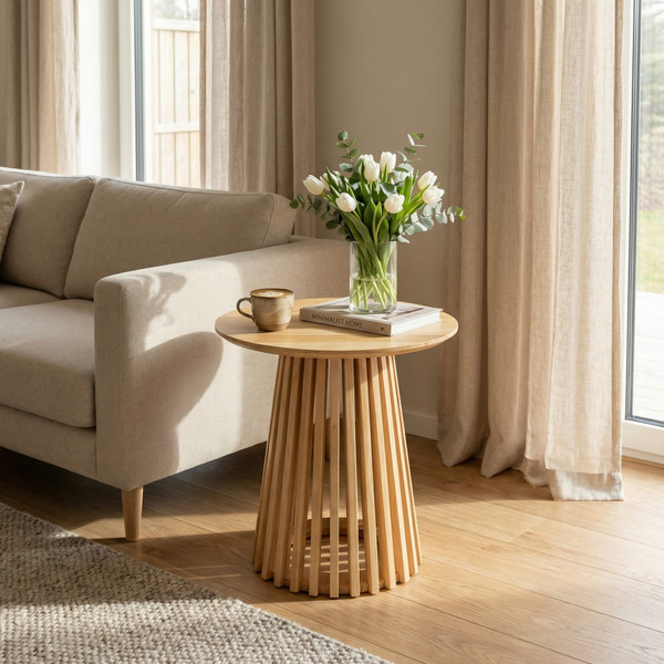 The Tally Spindle conical slatted solid timber side table with natural wood grain