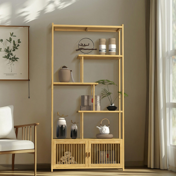 The Bamboo Canopy 6-tier high-low bamboo display shelf with natural wood finish