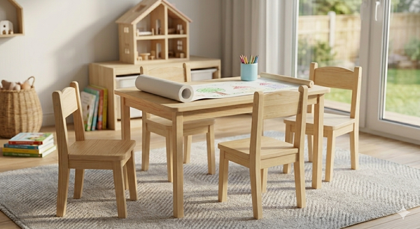 The Piccolo Atelier solid pinewood kids activity table and chair set with natural wood finish