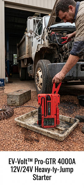 EV-Volt Pro-GTR 4000A 12V 24V heavy-duty lithium jump starter with jumper cables and carry case