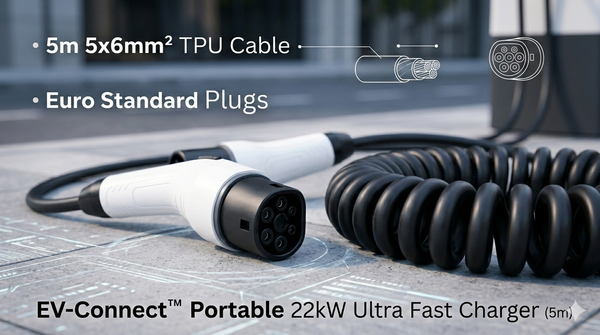 EV-Connect Portable 22kW Ultra-Fast Charger with 5m Type 2 EV charging cable