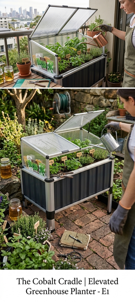 The Cobalt Cradle Elevated Greenhouse Planter with aluminium frame and tiltable polycarbonate roof