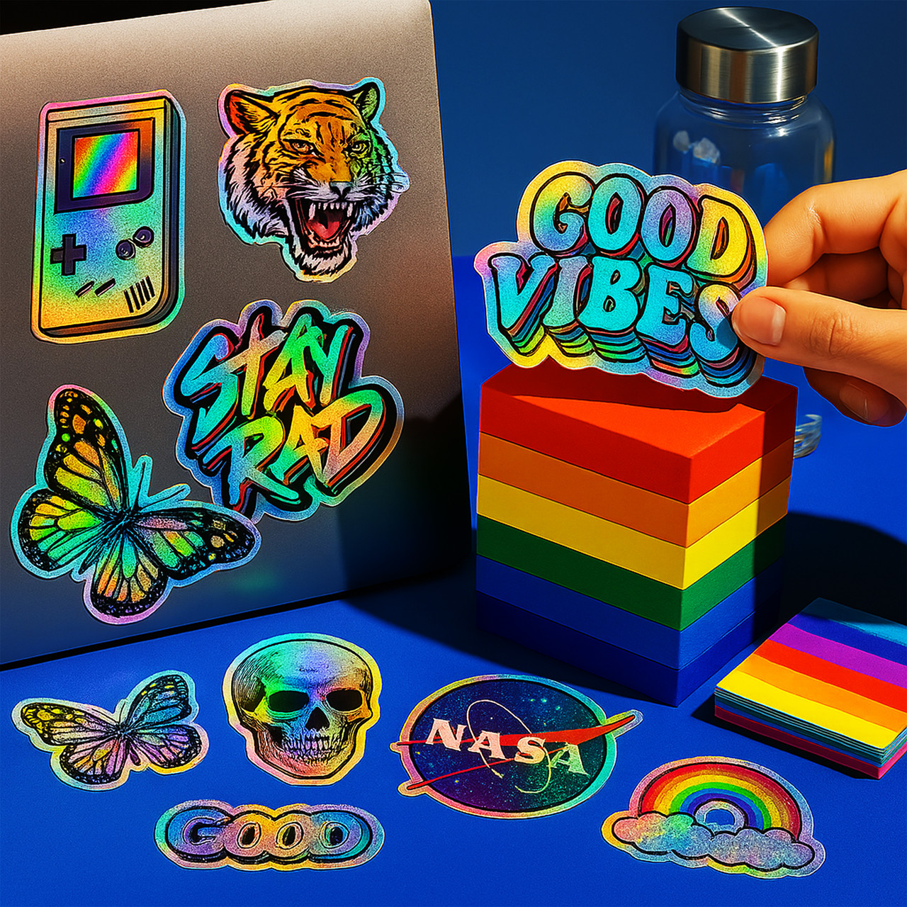 Collection of vibrant holographic stickers displayed on a laptop and table, including designs like a retro game console, roaring tiger, butterflies, skull, NASA logo, rainbow, and bold text sayings like “GOOD VIBES” and “STAY RAD,” with a rainbow block stack in the background.