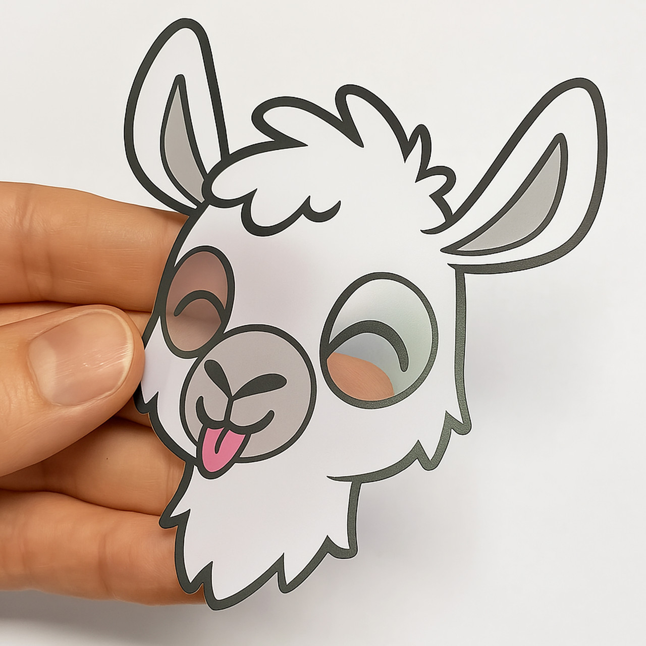 Hand holding a die-cut sticker with a transparent background of a cute cartoon llama face with closed eyes and tongue sticking out, outlined in black on a white background.