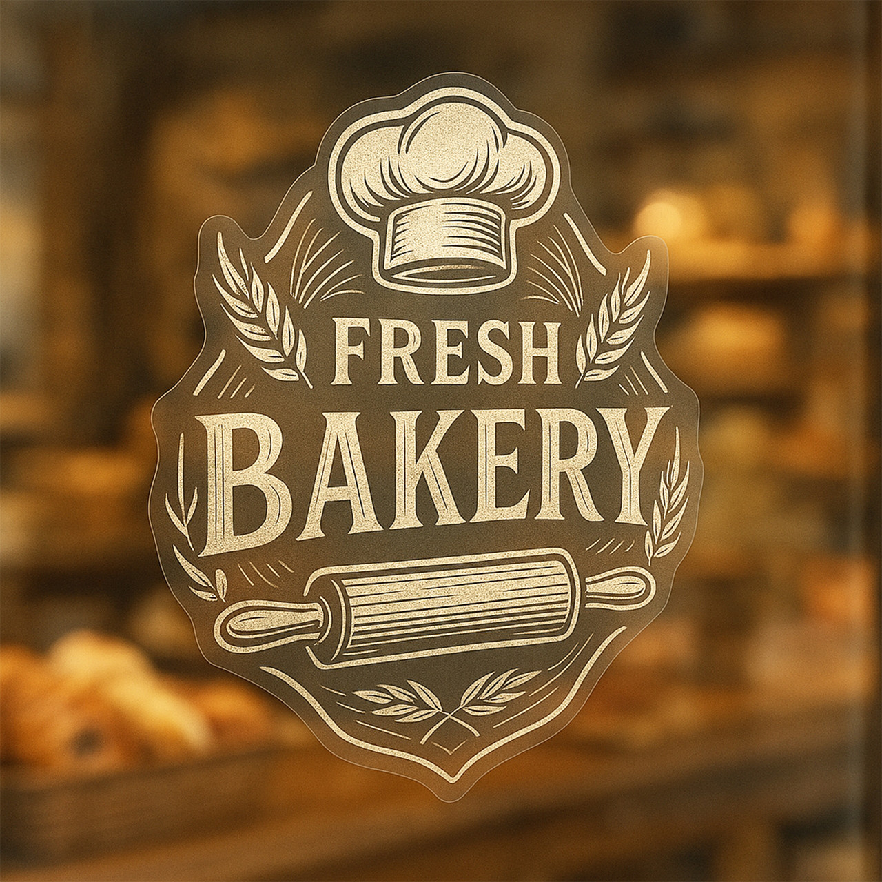 Vintage-style sticker on a glass door that reads “Fresh Bakery” with a chef’s hat, wheat illustrations, and a rolling pin graphic in a warm, inviting design.