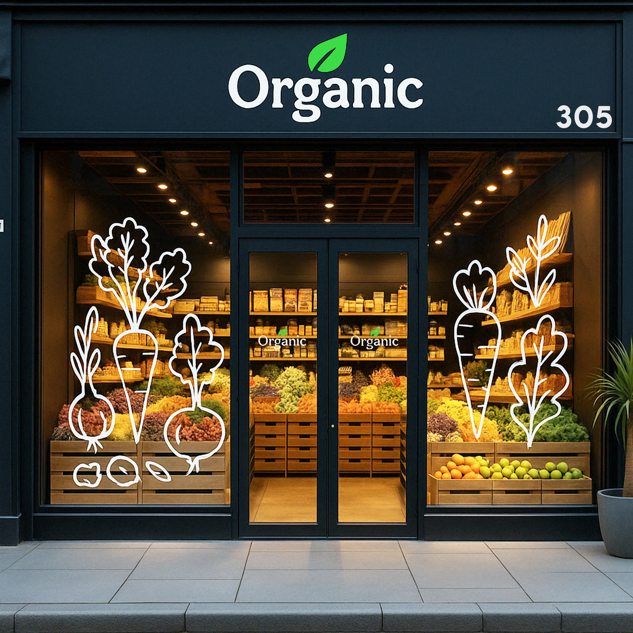 Modern storefront for an organic grocery shop with white vegetable line art decals on the windows, featuring carrots, onions, and leafy greens.
