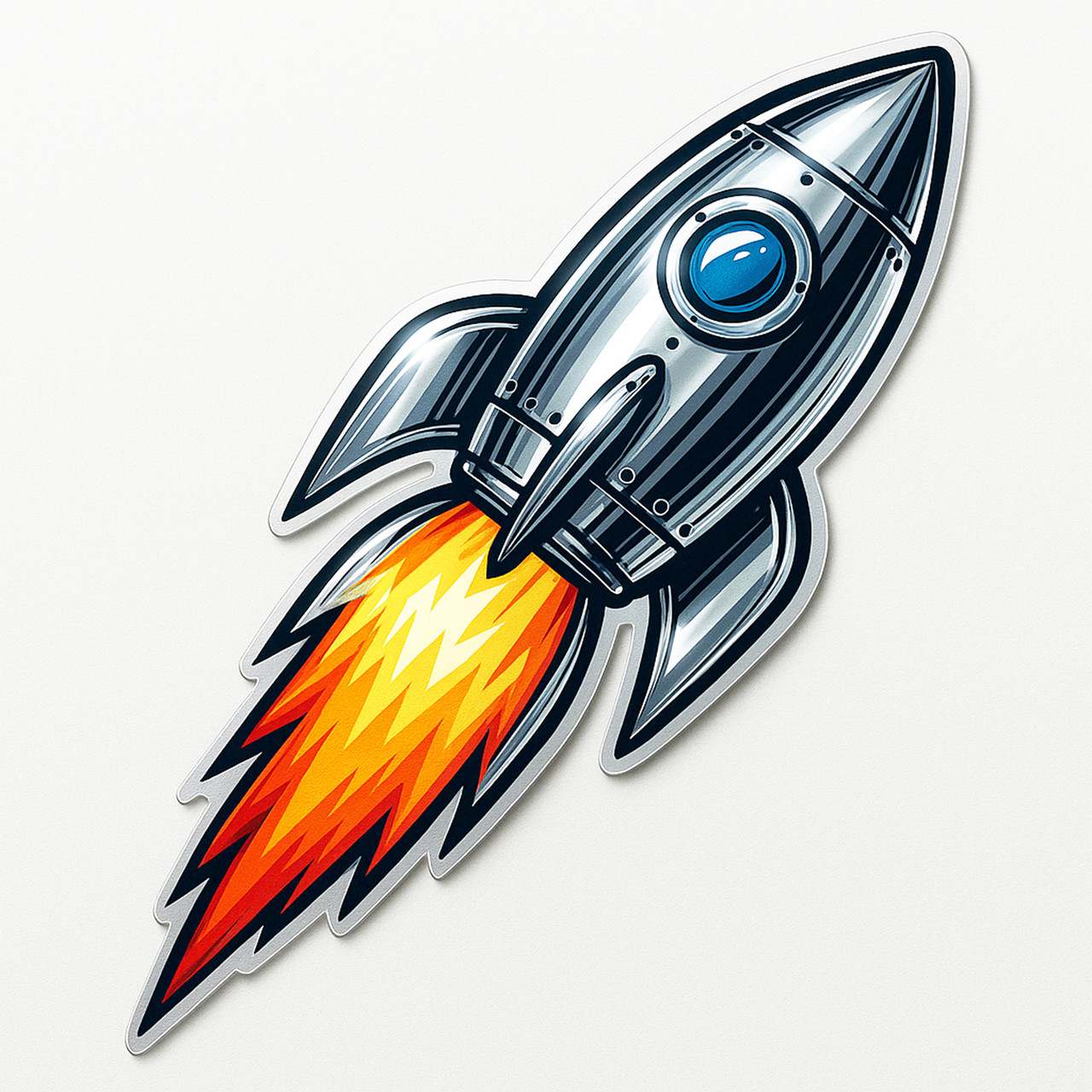 Chrome-style sticker of a retro rocket ship with a metallic silver body, blue circular window, and bright orange and yellow flames blasting from the engines.