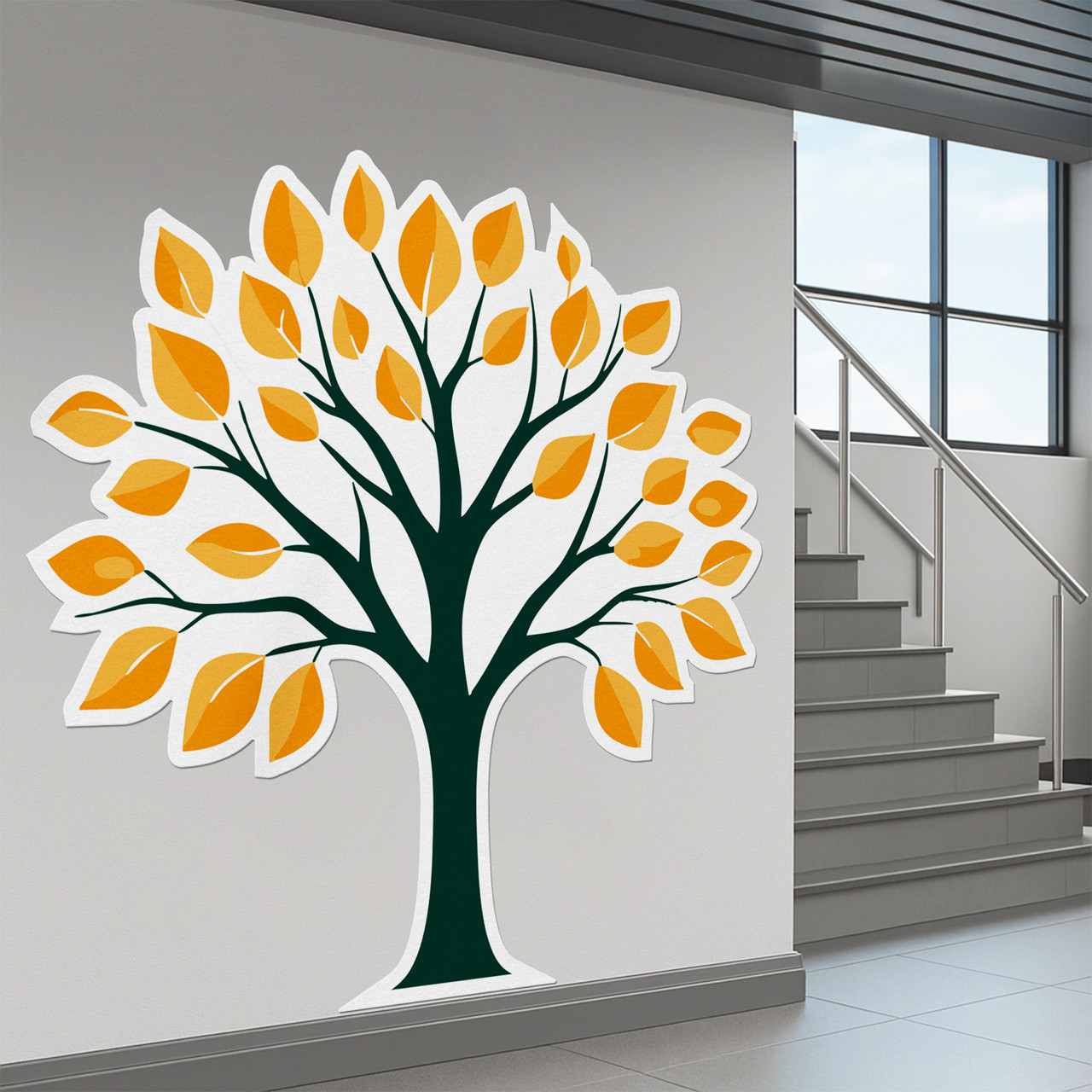 Minimalist wall decal of a tree with a dark green trunk and bright orange leaves, applied in a clean, modern stairwell setting with natural light.