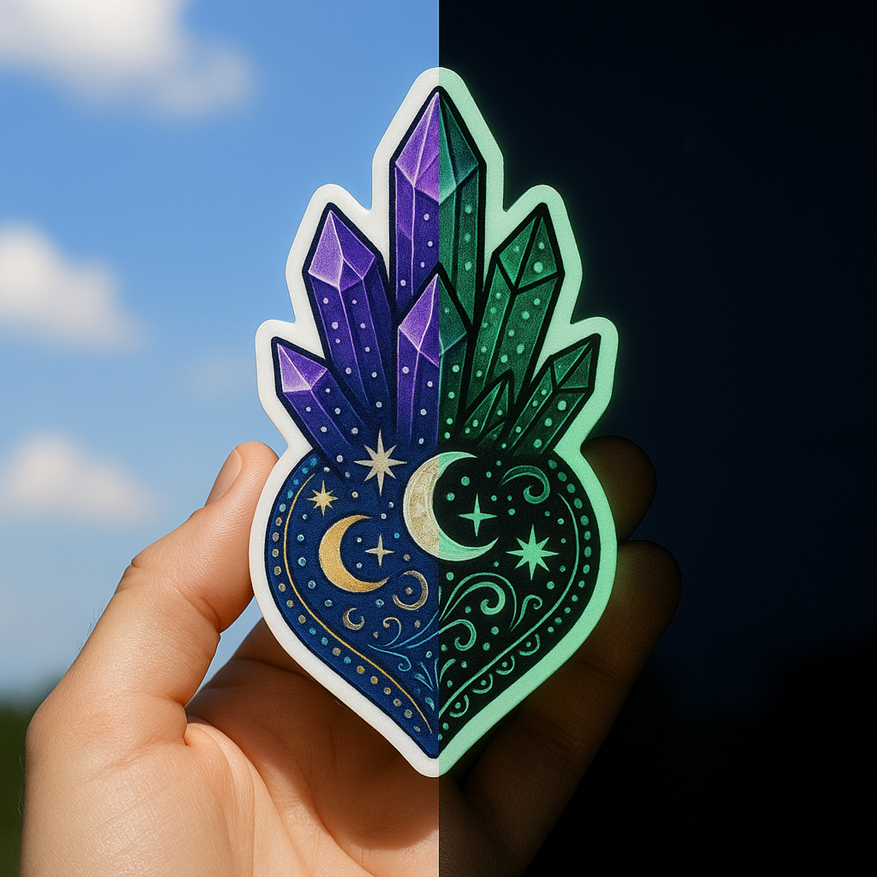 A glowing sticker with crystal formations and moons