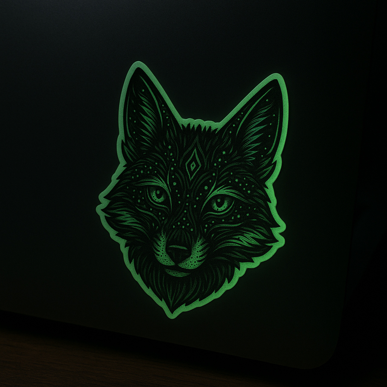 A glowing green sticker of a wolf's head