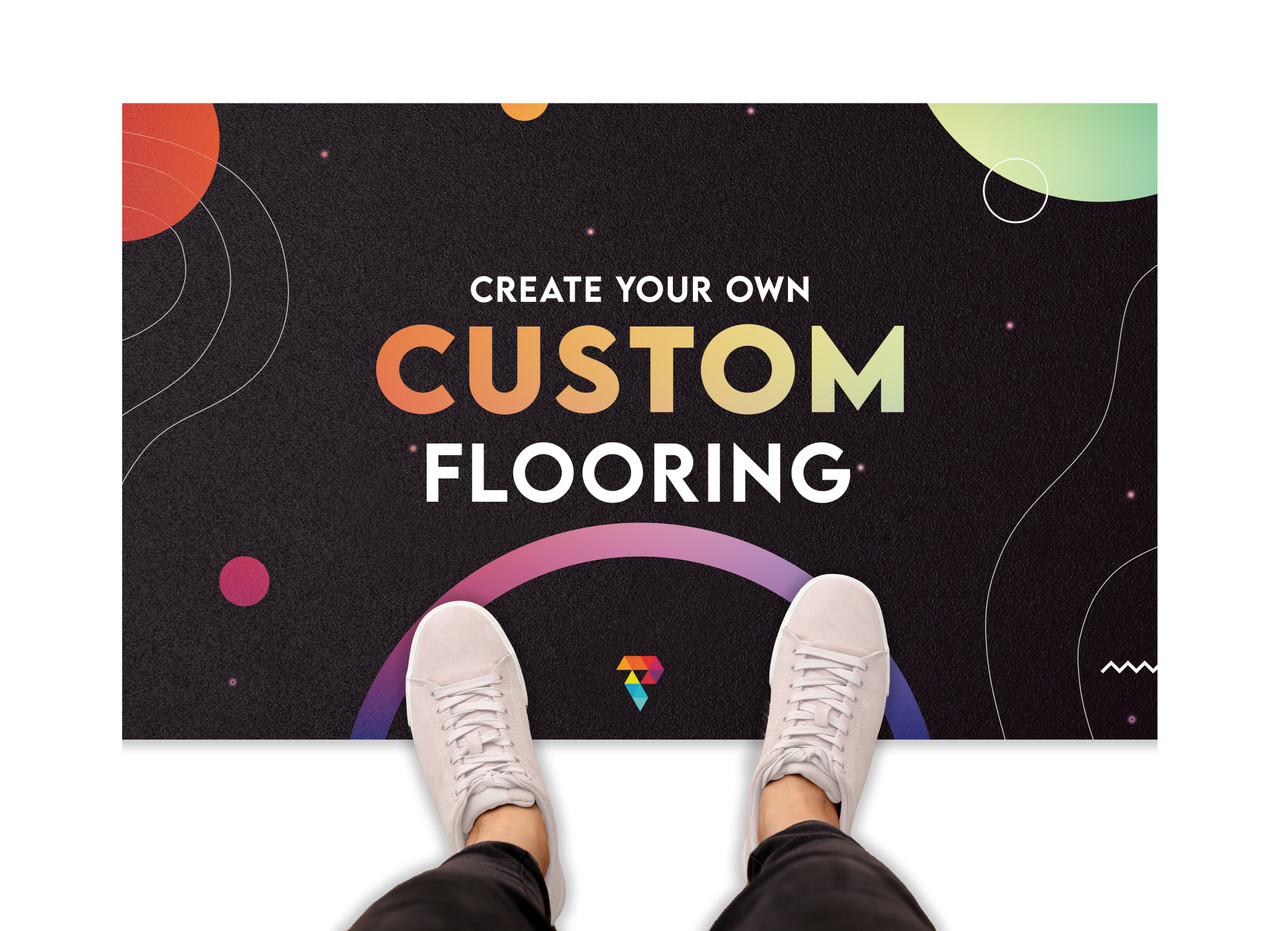 standing on a floor with a custom graphic
